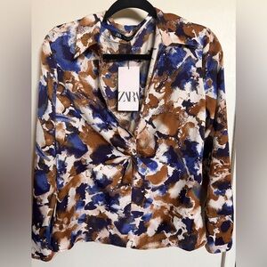 NWT ZARA watercolor satin finish blouse M